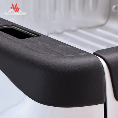Close-up view of precision pre-cut stake pocket cutout on black bed rail cap SKU 2888010