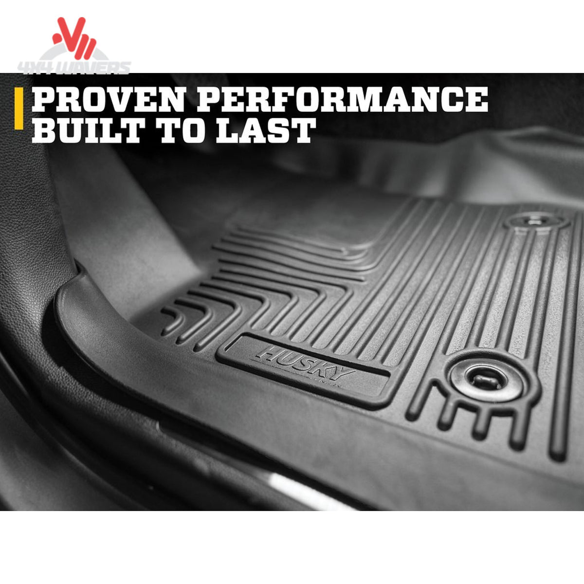 Husky WeatherBeater front and second-row floor liners for 2009-2014 Ford F-150 SuperCrew, with form-fit edge and durable material.