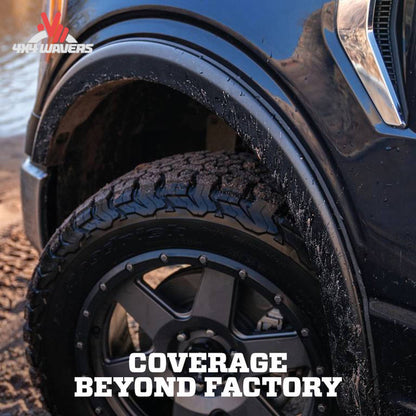Husky OE style Fender Flares for 2021-2026 Ford F-150, front view showing textured black plastic exterior with mounting details.