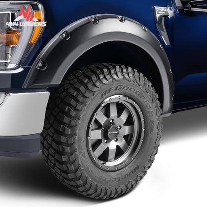 Husky Pocket Style Fender Flares with rivet detail for 2021-2026 Ford F-150 trucks, durable black plastic enhances truck's appearance