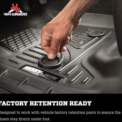 Custom-fit Husky WeatherBeater floor liner system for Jeep Gladiator JT featuring raised containment edges for mud, snow, water, and road salt protection