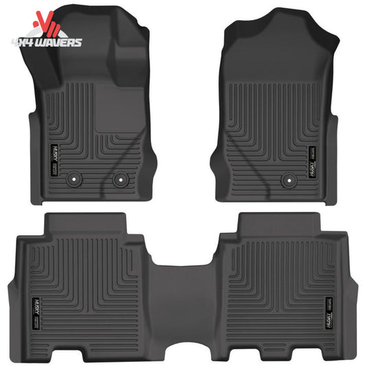 Husky WeatherBeater front and rear floor liners for 2021-2026 Ford Bronco 4-door; Complete Husky WeatherBeater floor protection system installed inside a Ford Bronco 4-door cabin