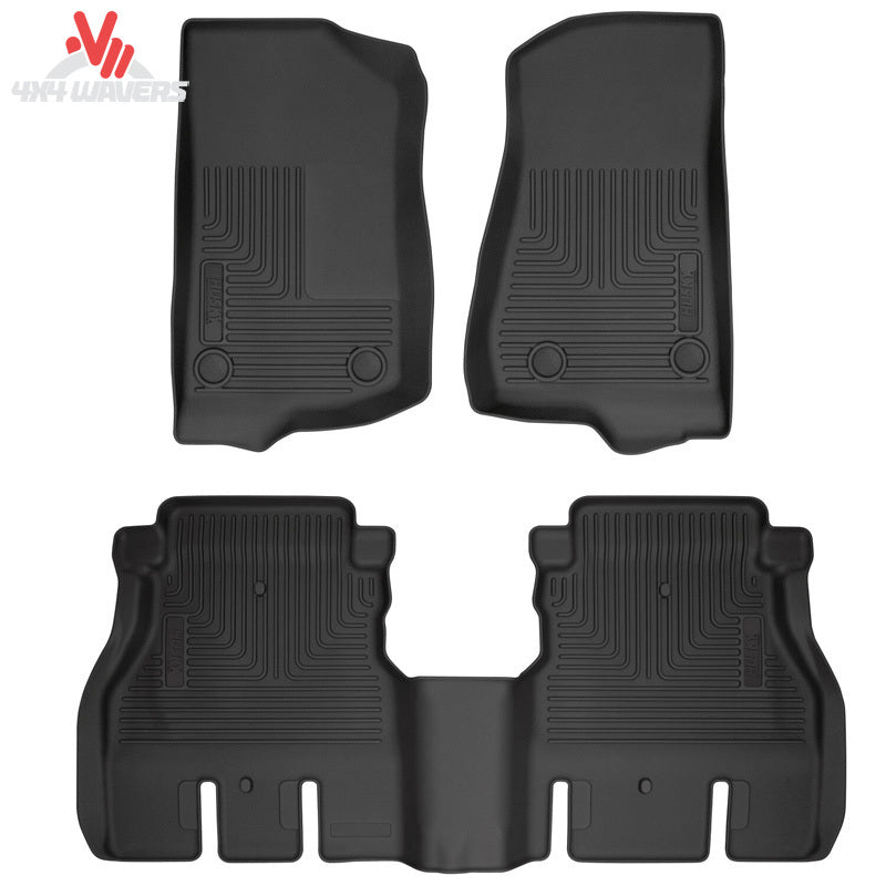 Husky WeatherBeater black floor liners for 2018-2025 Jeep Wrangler JL 4-door, front and rear automotive floor mats.