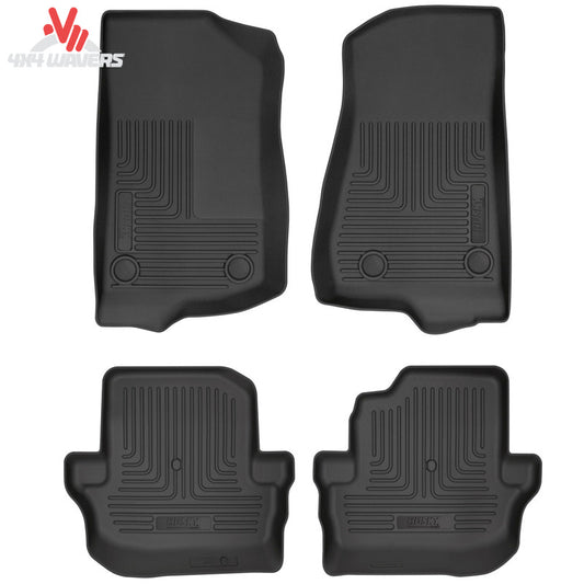 Husky WeatherBeater front and rear floor liners for 2018-2026 Jeep Wrangler JL 2-door, durable all-weather floor mats.