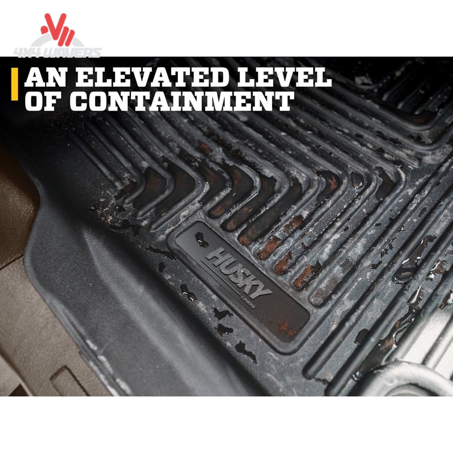 Driver side rubber floor mat with raised spill containment edge and anchor grommets SKU 54981