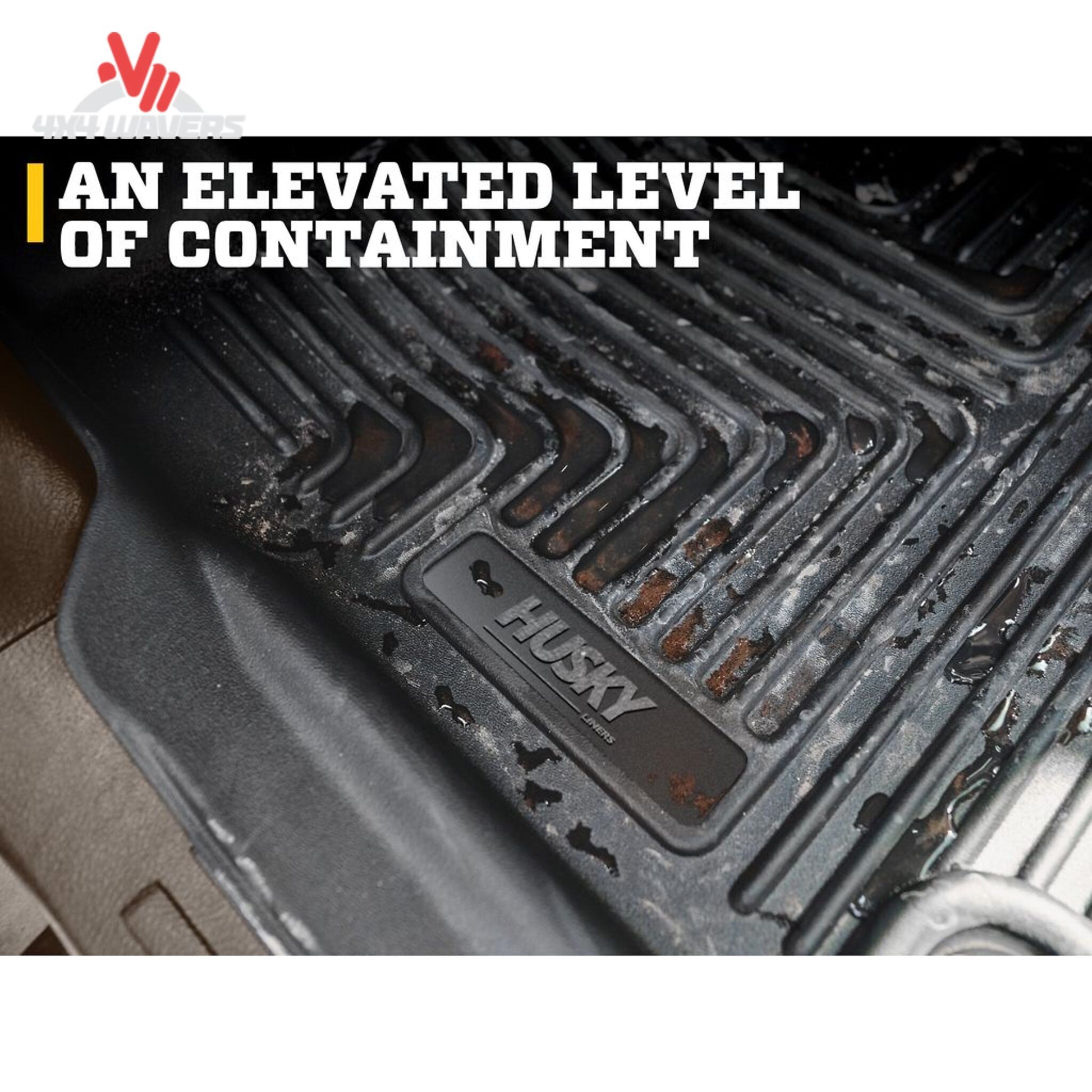 Driver side rubber floor mat with raised spill containment edge and anchor grommets SKU 54981