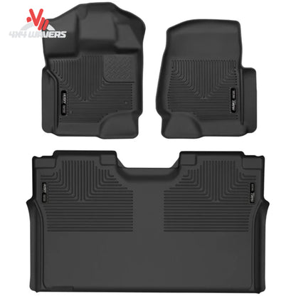 Husky X-act Contour front and second row floor liners for 2015-2026 Ford F-150 SuperCrew truck, durable all-weather floor mats.