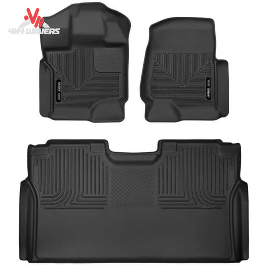 Husky X-act Contour front and 2nd row floor liners for 2015-2026 Ford F-150 SuperCrew truck, durable all-weather floor mats.