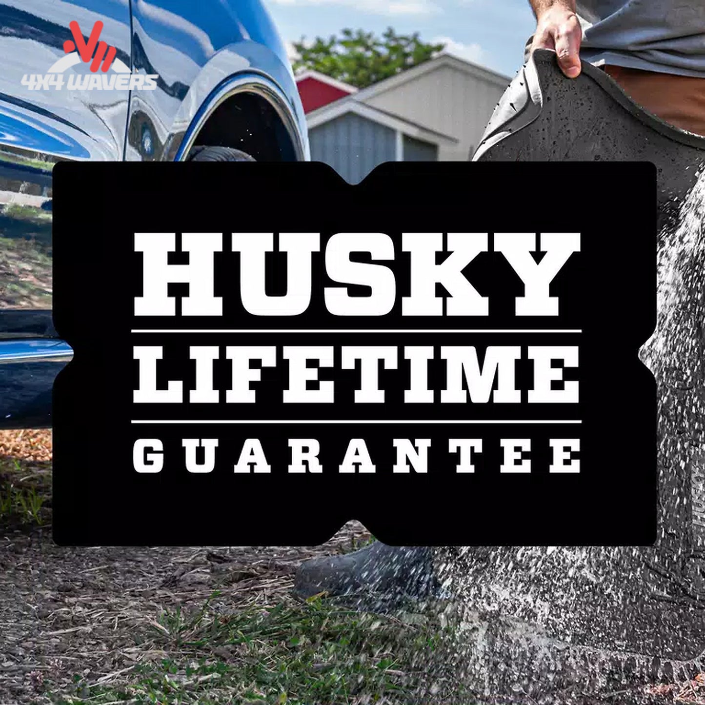 A black bumper sticker with bold white text reading 'HUSKY LIFETIME GUARANTEE' is shown in a lifestyle outdoor setting with a blue truck and a person splashing water.