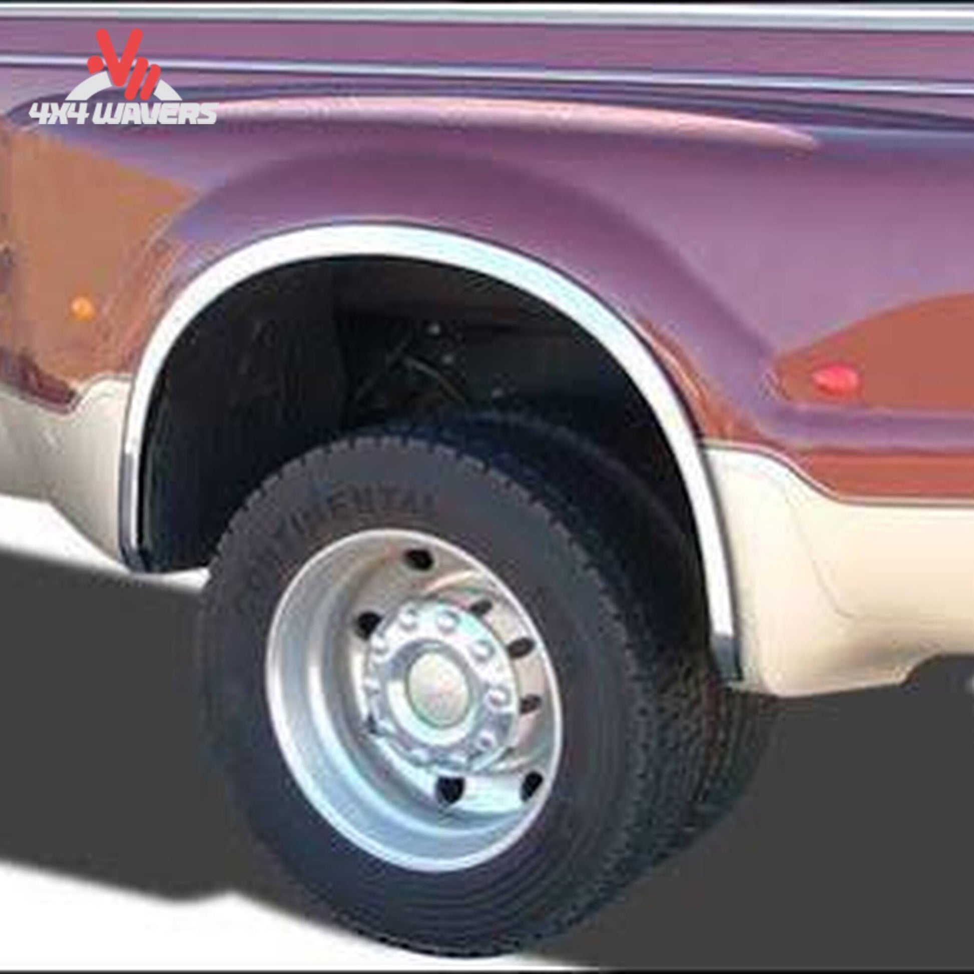ICI polished stainless steel fender trim with UV rubber edge seal for 2004-2014 Ford F-150, 4-piece set, detailed close-up image.