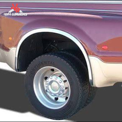 ICI polished stainless steel fender trim with UV rubber edge seal for 2004-2014 Ford F-150, 4-piece set, detailed close-up image.