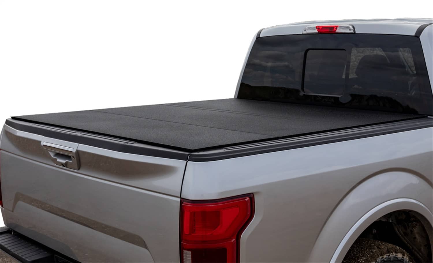 Side view of ACI LOMAX hard folding tonneau cover on a 2020-2026 Jeep Gladiator with a 5ft bed and Trail Rail System, black finish.