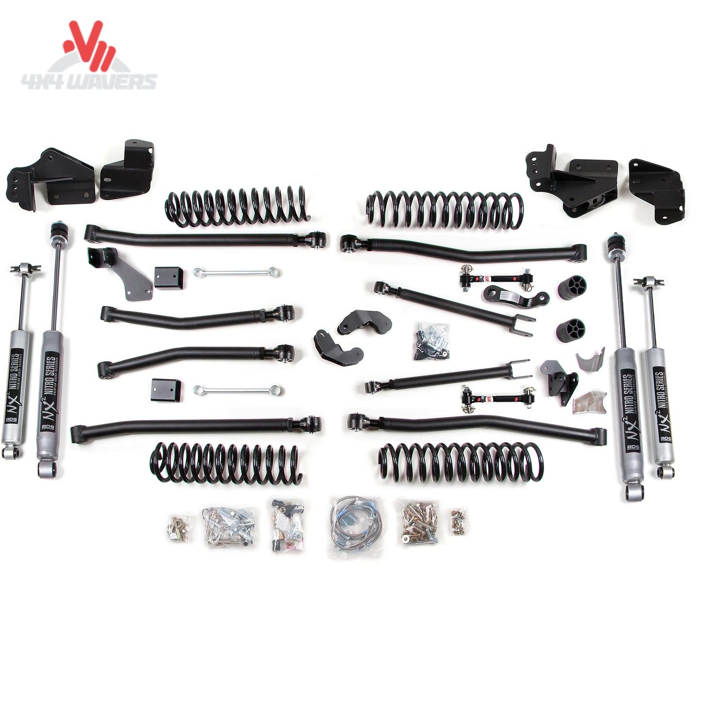 BDS 4.5-inch long arm lift kit with NX2 shocks on a 2007-2018 Jeep Wrangler JK Unlimited for off-road rock crawling.
