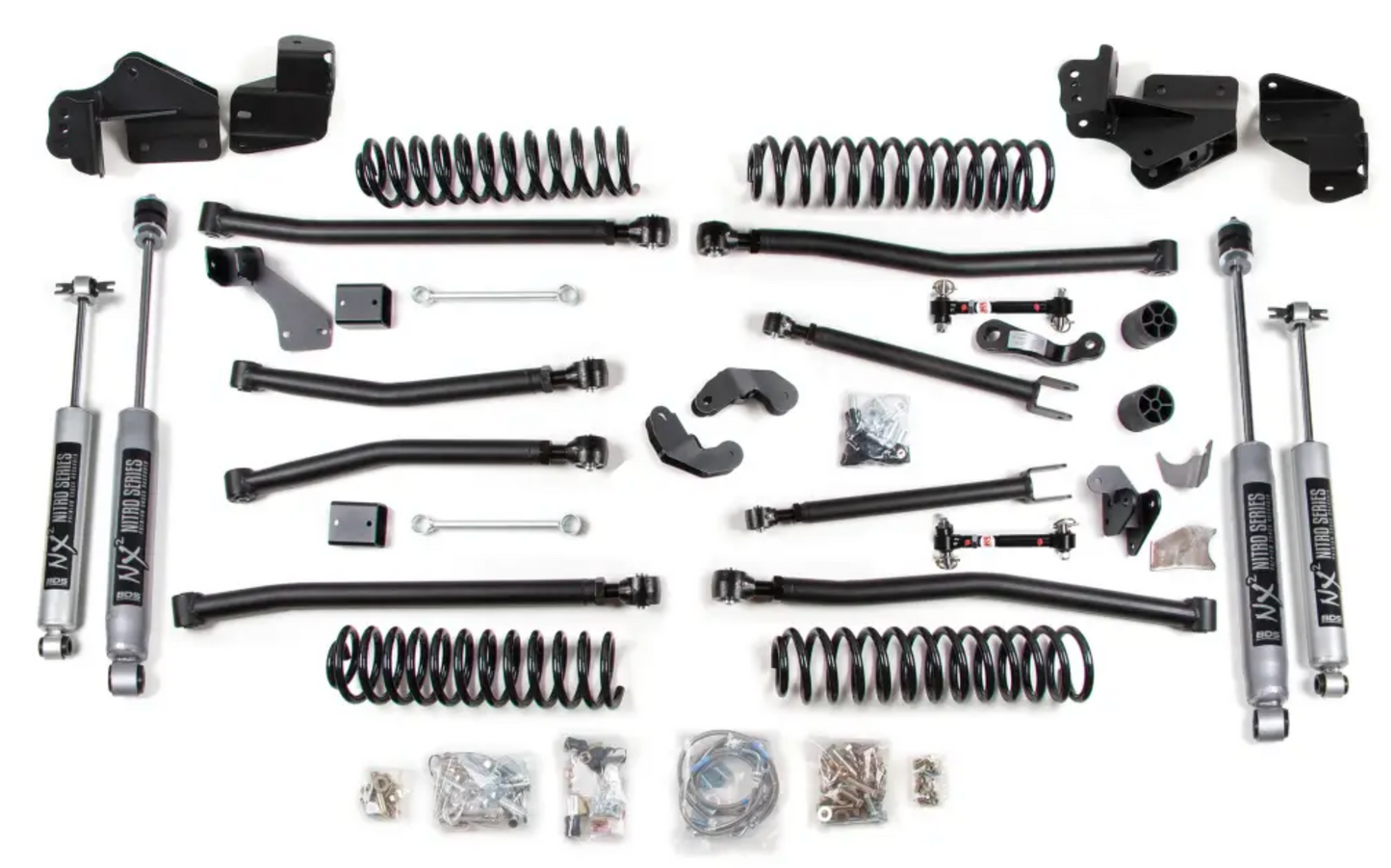 BDS Suspension 4-inch long arm lift kit with NX2 shocks on a 2007-2018 Jeep Wrangler JK 2-door, fitted with 37-inch tires.