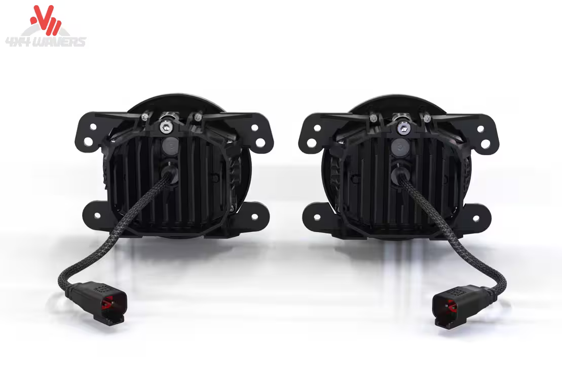 Morimoto 4Banger fog light brackets installed on a 2007-2018 Jeep Wrangler JK for off-road lighting upgrade.