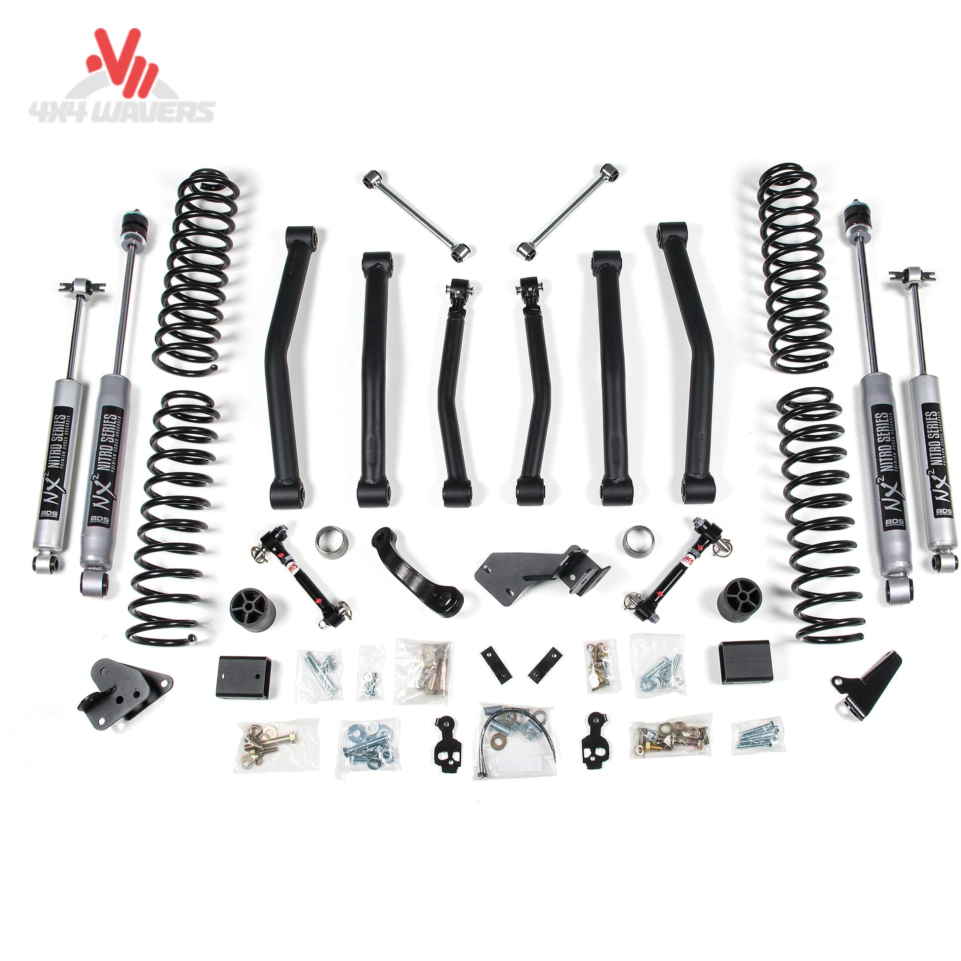 Kit de elevación BDS de 4.5 pulgadas con amortiguadores NX2 instalado en un Jeep Wrangler JK Unlimited 2012-2018 fuera de carretera durante una prueba de articulación