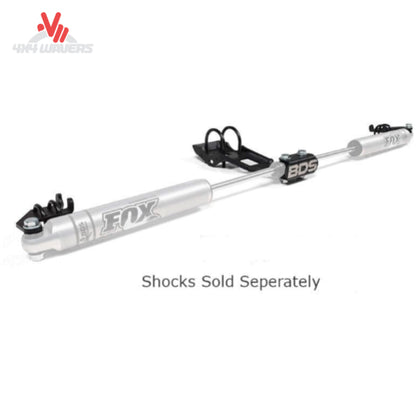 BDS Suspension dual steering stabilizer bracket kit installed on a 2018-2025 Jeep Wrangler JL, showing the steering stabilization setup.