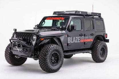 Go Rhino Rockline Stubby front winch bumper with overrider bar on a Jeep JL or Gladiator JT, showing the angled view of the bumper.