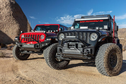 Go Rhino Rockline Stubby front winch bumper with overrider bar on a 2020-2023 Jeep Wrangler JL, rugged off-road bumper in an angle view