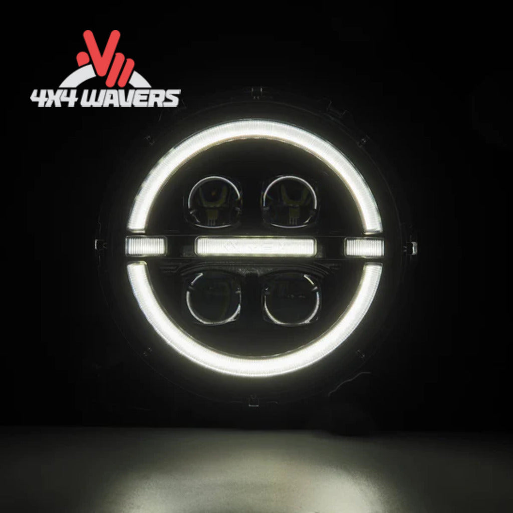 Faros delanteros proyectores LED AlphaRex NOVA con carcasa negra y direccionales secuenciales para Jeep Wrangler JL 2018-2026.