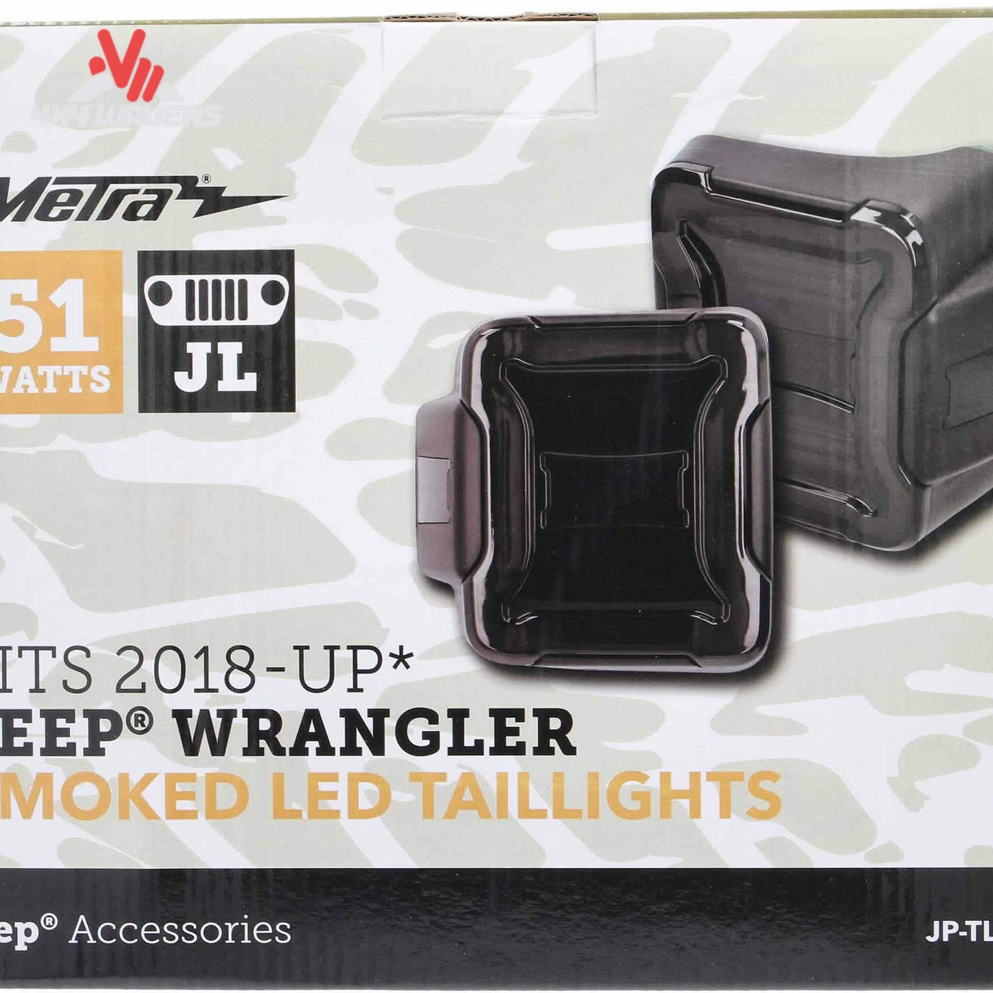 Luces traseras LED ahumadas Metra Heise instaladas en un Jeep Wrangler JL 2018-2023, mejorando la visibilidad nocturna y el estilo moderno.