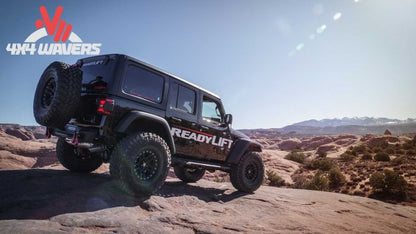 Side view of a 2018-2026 Jeep Wrangler JL Rubicon with a ReadyLIFT 2.5-inch SST lift kit installed, showing the lifted stance.