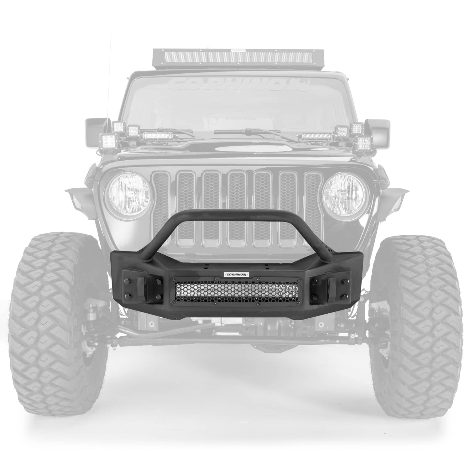 Go Rhino Rockline Stubby Front Winch Bumper with Overrider Bar installed on a Jeep Wrangler JK/JL for off-road protection.