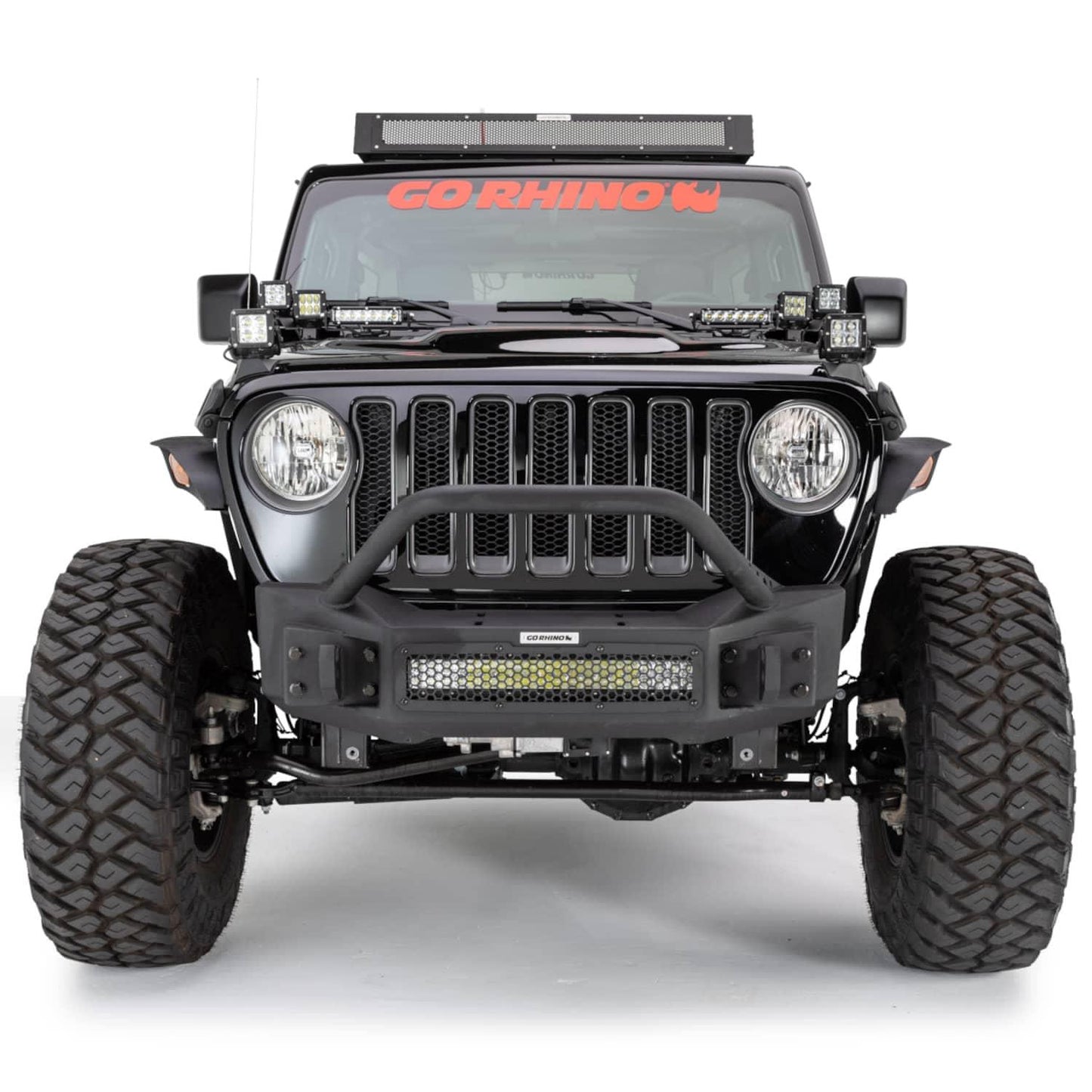 Go Rhino Rockline Stubby front winch bumper with overrider bar installed on a Jeep Wrangler JK/JL or Gladiator JT.