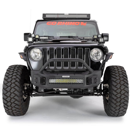 Go Rhino Rockline Stubby front winch bumper with overrider bar installed on a Jeep Wrangler JK/JL or Gladiator JT.