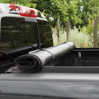 LITERIDER roll up bed cover 31369 rolled forward to cab with standard storage straps SKU BGPC_31369.