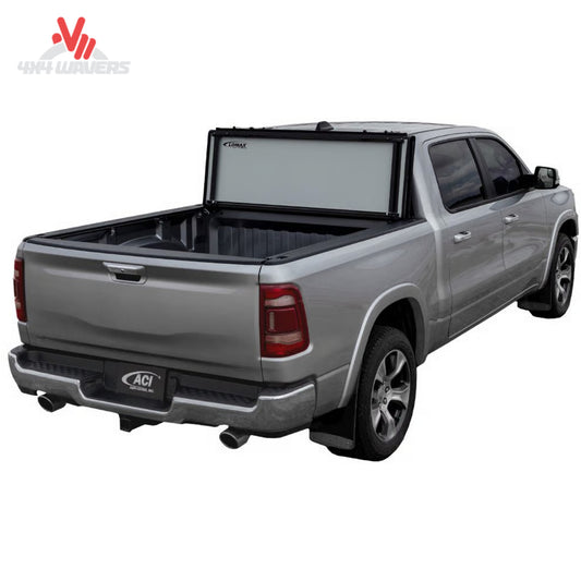 ACI LOMAX Hard Folding Tonneau Cover in black, open in vertical position on 2020-2026 Jeep Gladiator with 5ft bed and Trail Rail system.