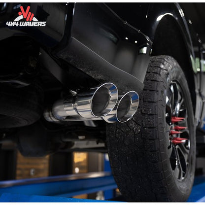 MBRP Armor Pro 3-inch cat-back exhaust system with polished dual side tips on a 2021-2026 Ford F-150 pickup truck.