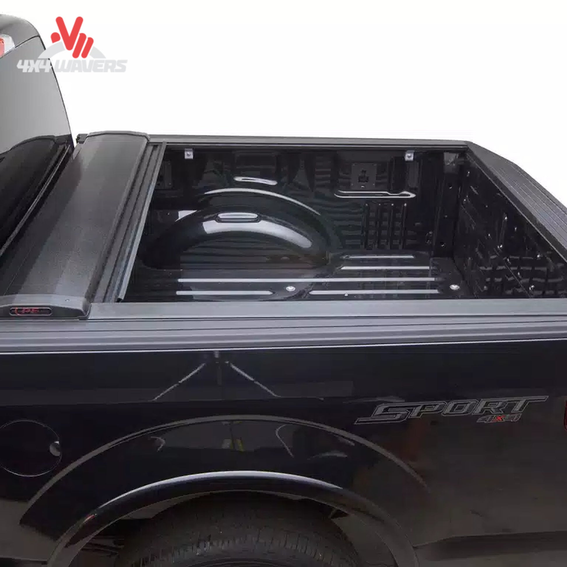 Close-up of Pace Edwards Switchblade hard retractable tonneau cover canister on a 97-14 Ford F-150 with 6.5-foot bed, showing quick-release mechanism.