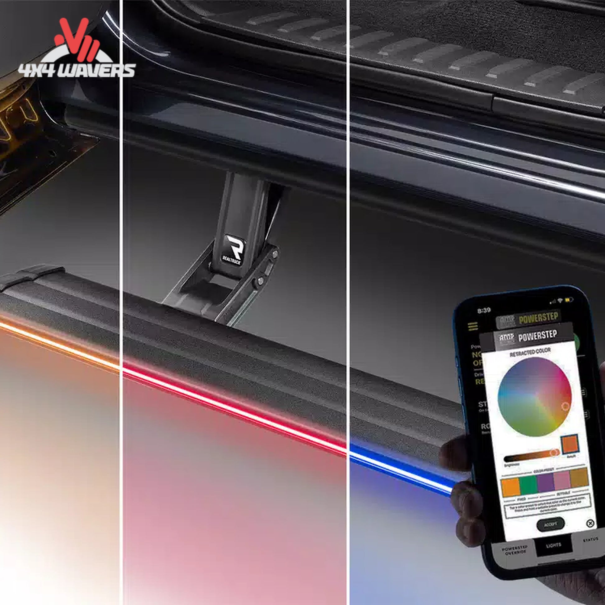 Integrated LED accent lighting illuminating the full length of the PowerStep Vision running board