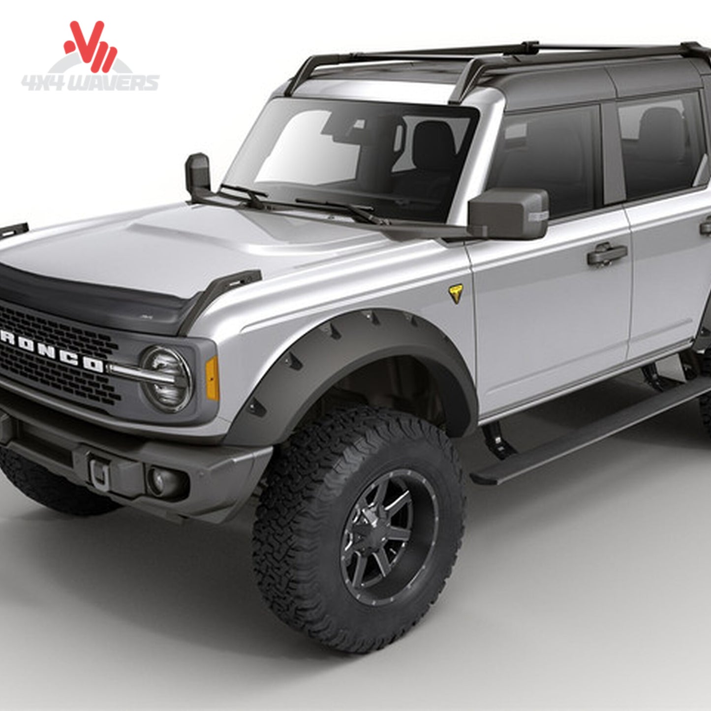 Automatic running board extended below a lifted Ford Bronco for easier vehicle entry