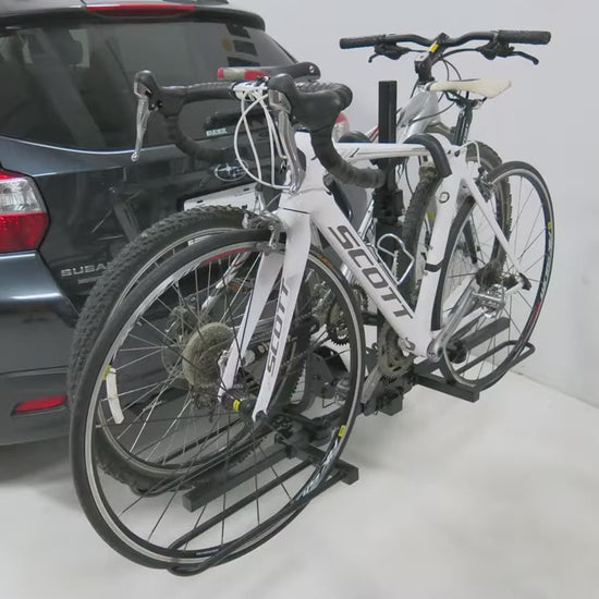 Step-by-step installation and setup demonstration for the CURT 18087 tray-style hitch-mounted bike rack.