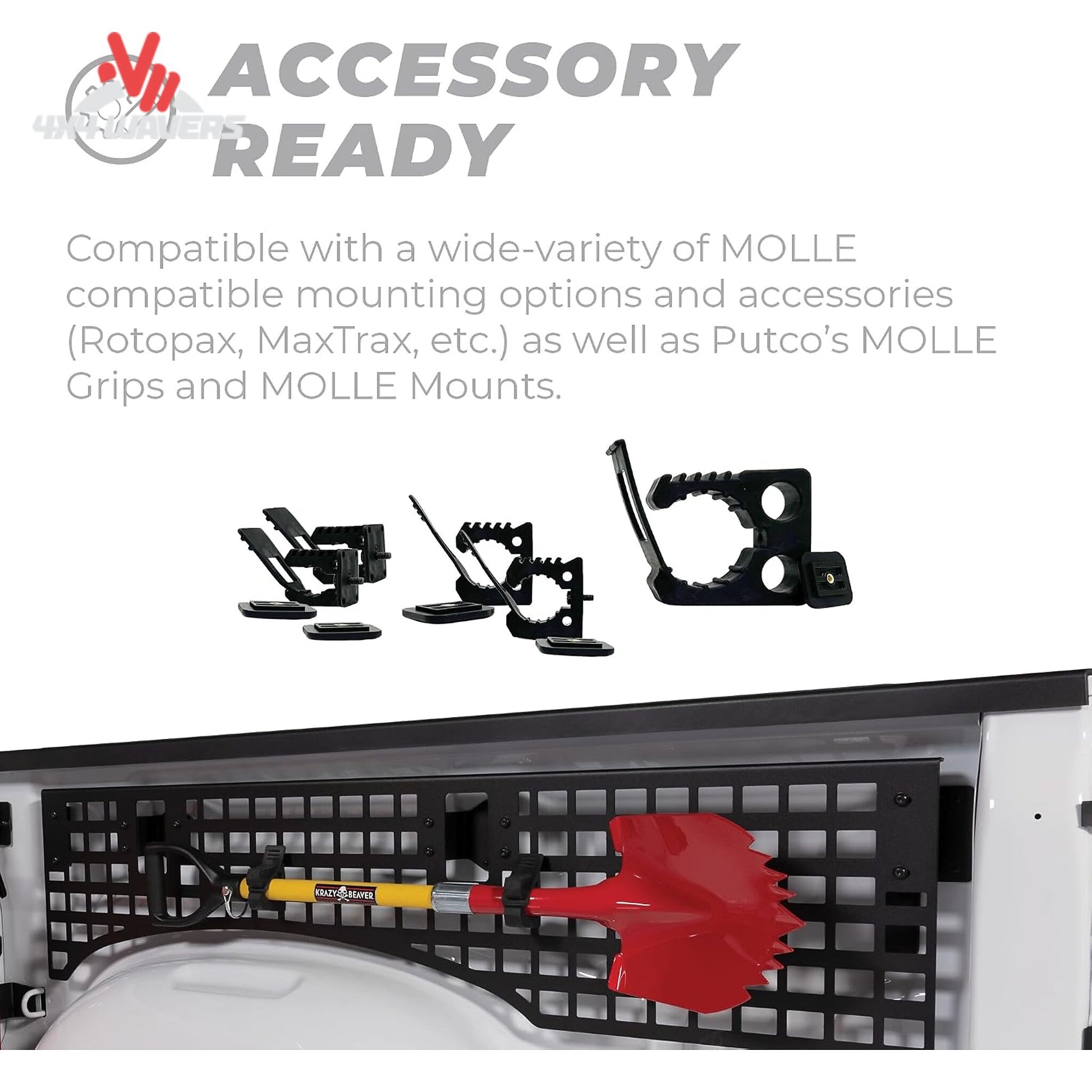Putco Modular MOLLE Bed Panel for Ford F-150 Raptor, front bulkhead with tools and jacks in 5.5' bed, bed organizer and storage solution.