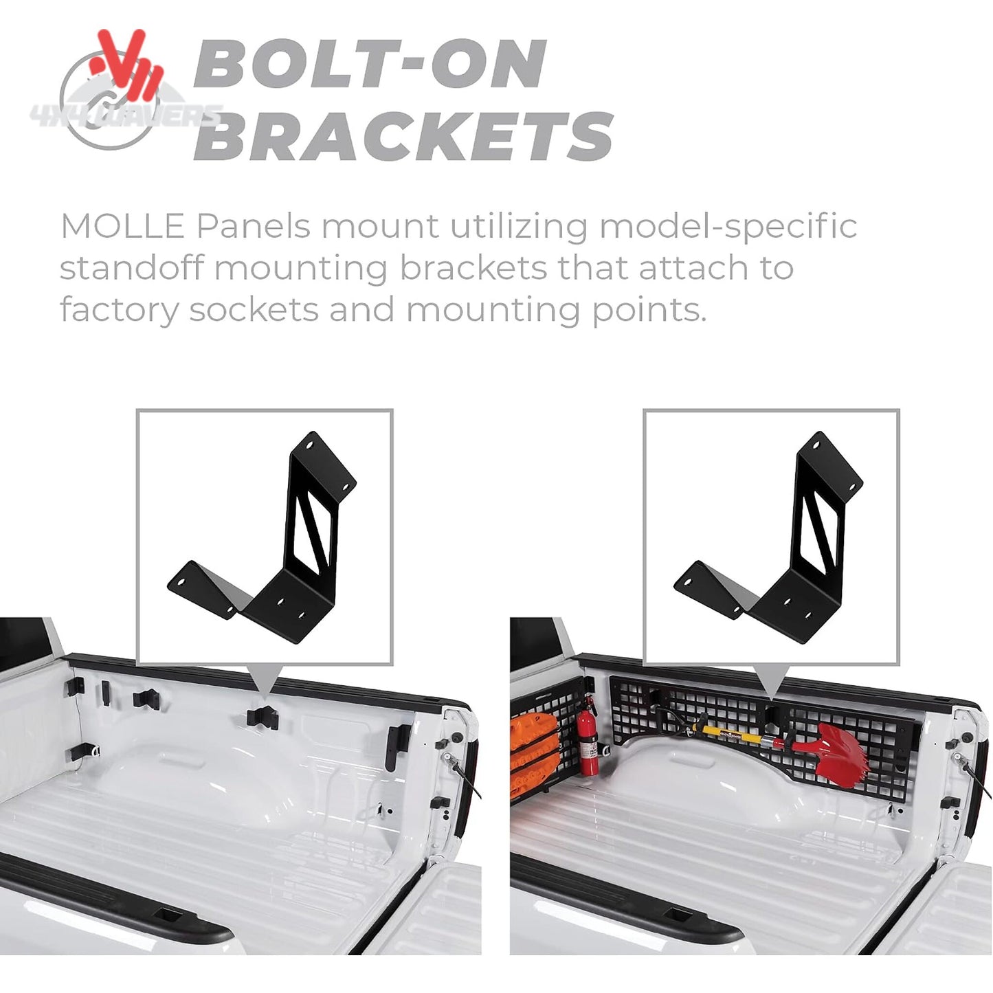 Putco Modular MOLLE Bed Panel for 2015-2026 Ford F-150 Raptor, loaded with tools and jacks, front bulkhead for bed organization.