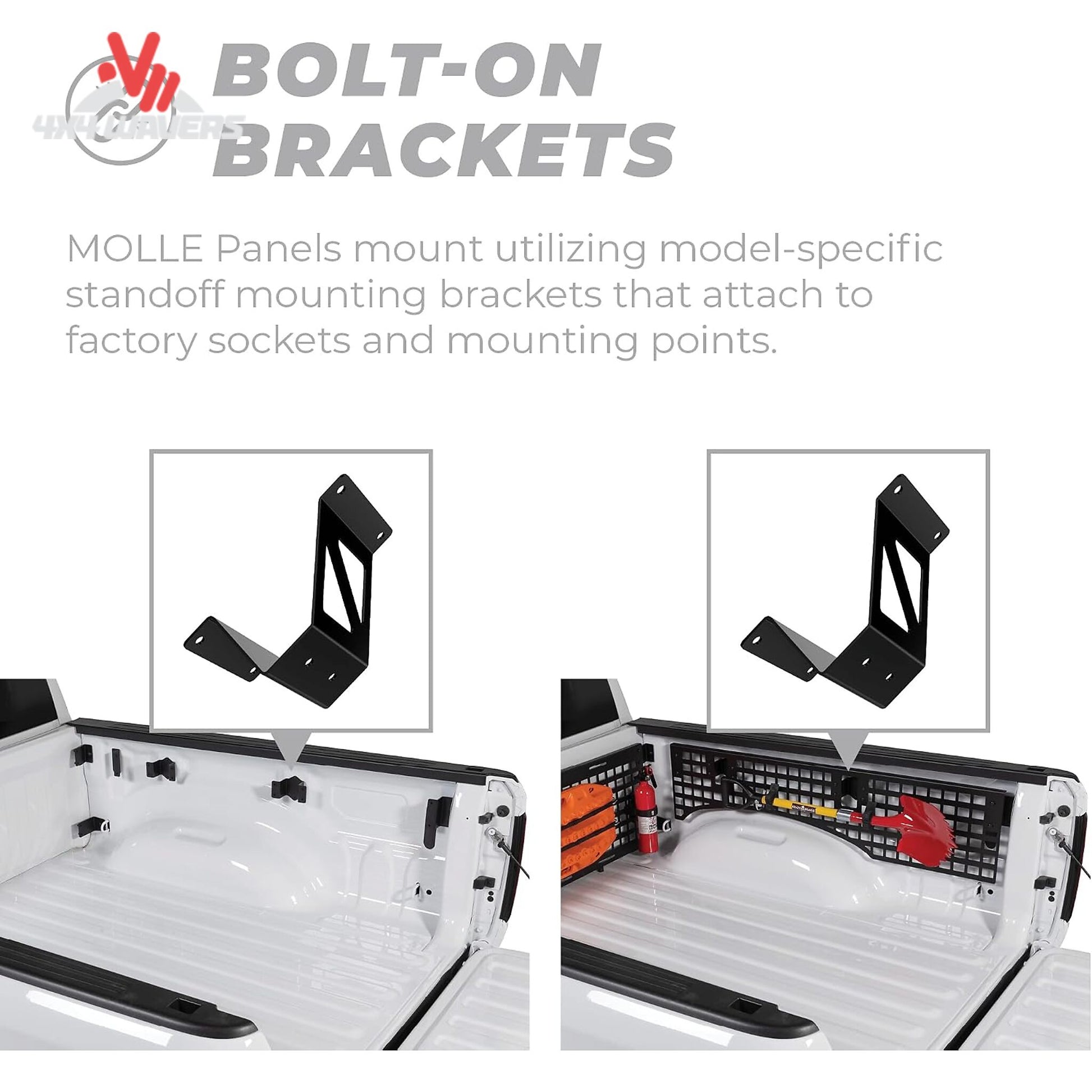 Putco Modular MOLLE Bed Panel for 2015-2026 Ford F-150 Raptor, loaded with tools and jacks, front bulkhead for bed organization.