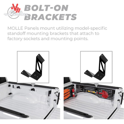 Putco Modular MOLLE Bed Panel for 2015-2026 Ford F-150 Raptor, loaded with tools and jacks, front bulkhead for bed organization.