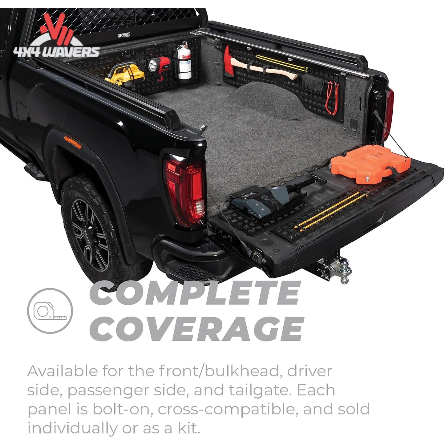 Putco Modular MOLLE Bed Panel for 2015-2026 Ford F-150 Raptor, shown loaded with tools and jacks in the truck bed.