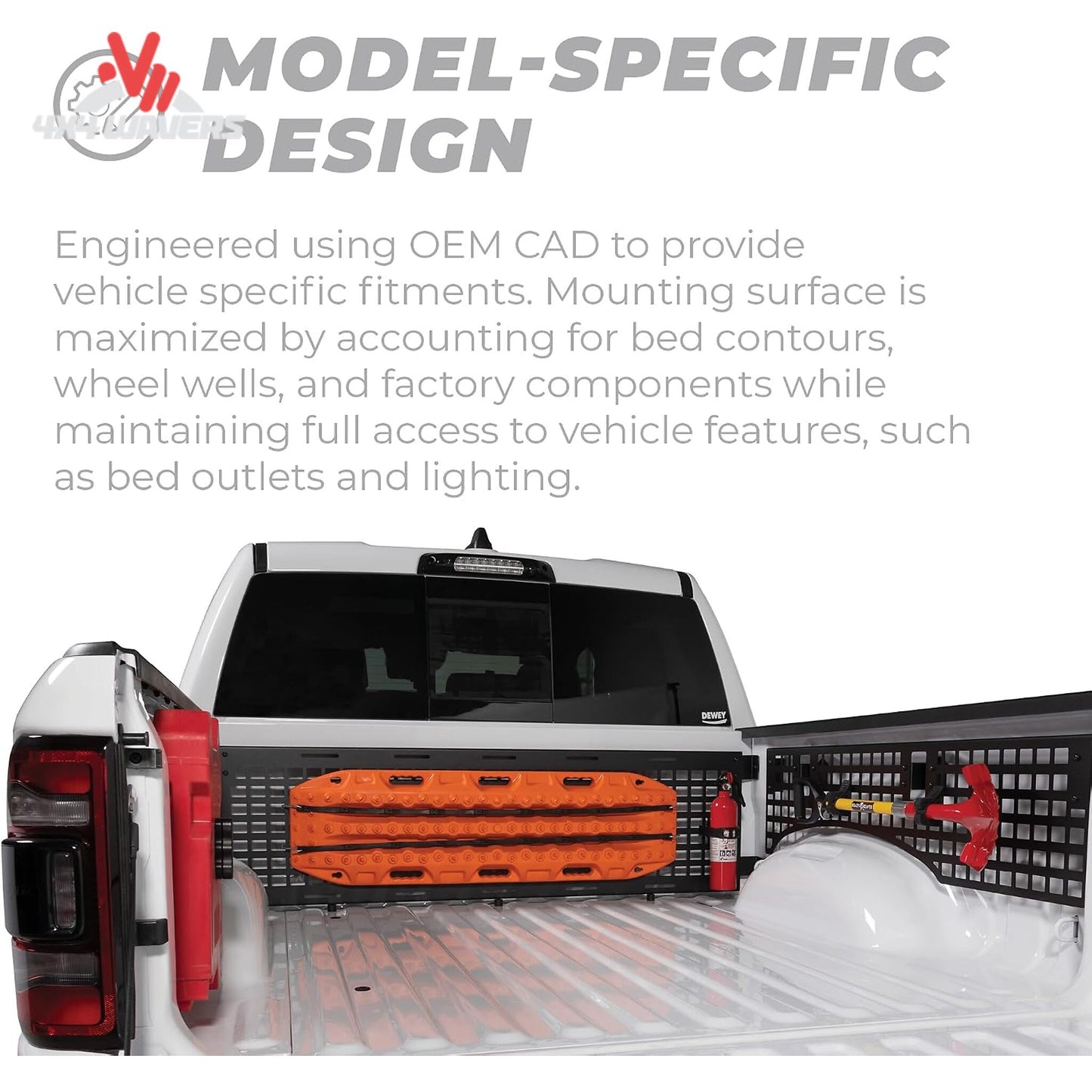 Putco Modular MOLLE Bed Panel for 2015-2026 Ford F-150 and Raptor, front bulkhead with tools and jacks mounted.