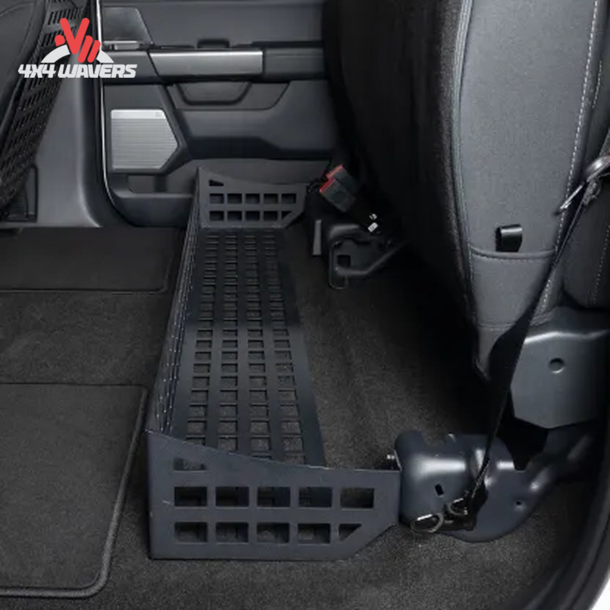 Putco MOLLE under seat storage system installed in a Ford F-150 and F-250 SuperCrew for organized bed storage.