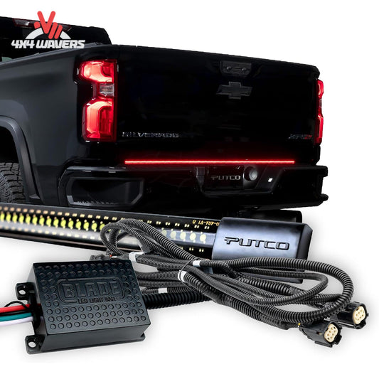Putco Blade LED tailgate light bar illuminated on Chevrolet Silverado rear bumper gap SKU 9202060-05