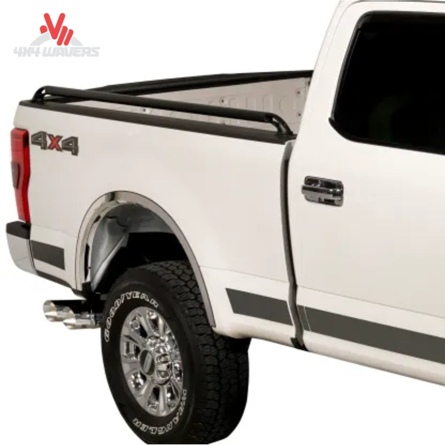 Putco Black Locker Bed Rails installed on 8ft truck bed for F150, F250, F350 models, side view showing sleek black finish.