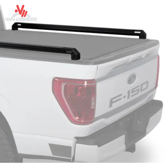 Putco TEC truck bed rail installed on 21-26 Ford F150 6.5ft, black metal bed rail for added cargo security and style.