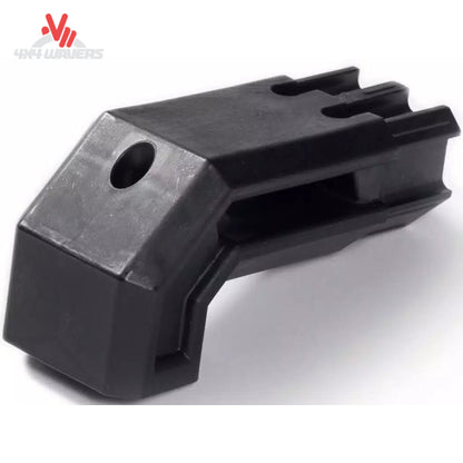 Detail view of mounting stanchion and accessory T-slot channel on black TEC rail 109867