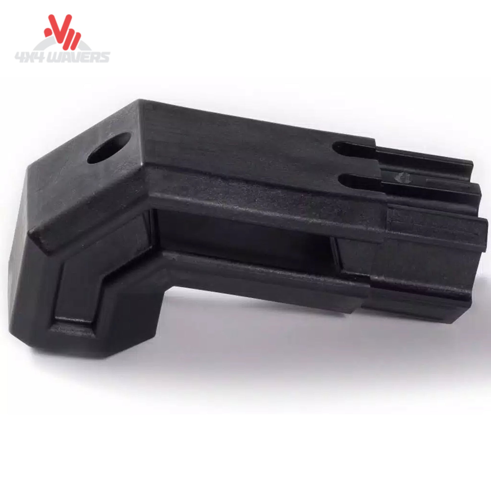 Detail view of mounting stanchion and accessory T-slot channel on black TEC rail 109867