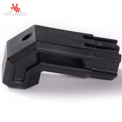 Detail view of mounting stanchion and accessory T-slot channel on black TEC rail 109867