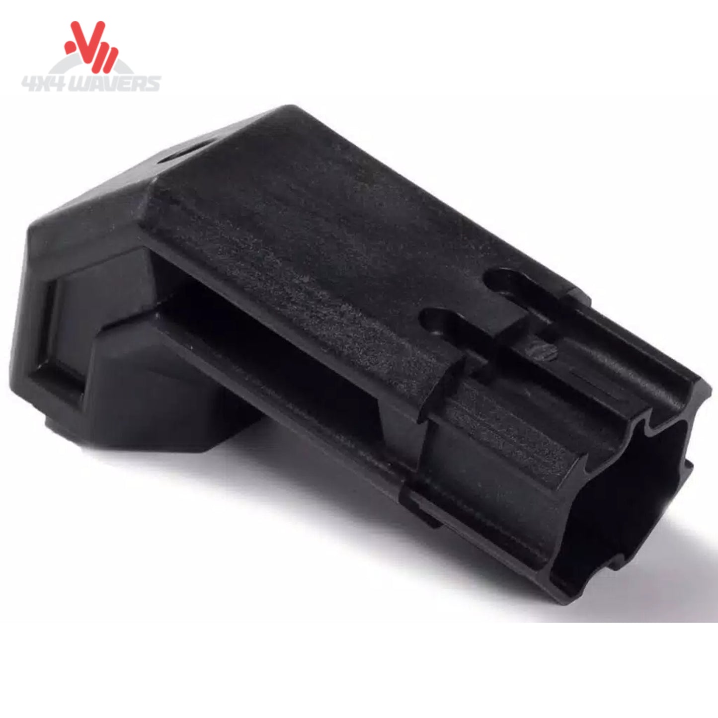 Detail view of mounting stanchion and accessory T-slot channel on black TEC rail 109867